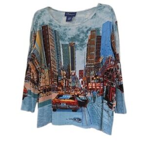Vintage Artscapes Women's Beaded City Taxi 3/4 Sleeve Top Large Blue Multicolor